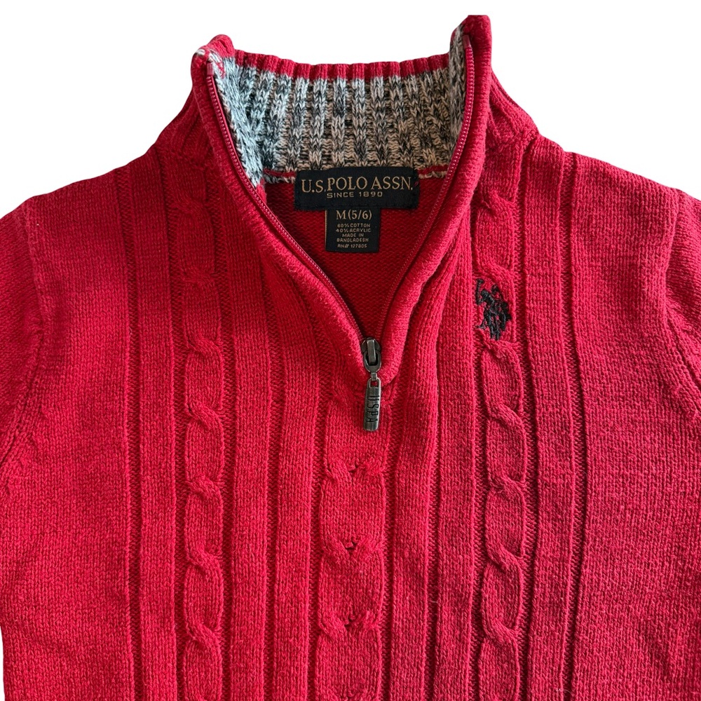 Ralph Lauren U.S. Polo Assn. Preppy Bright Red Cable Knit Sweater Boys 5/6